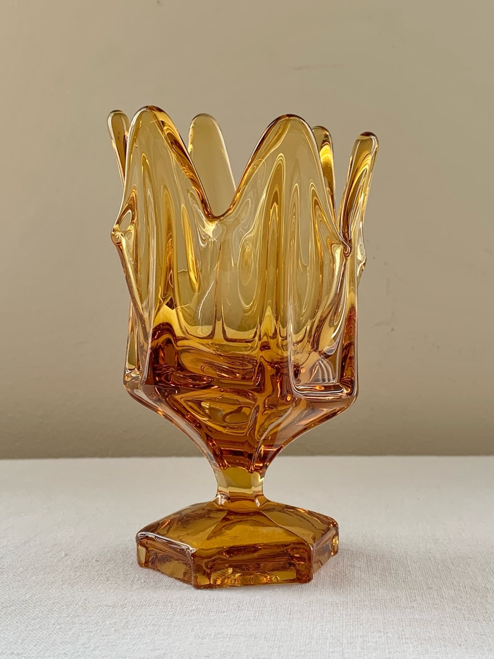 Viking Vintage 6 Petal Amber Glass Column Ribbed Swung Vase Candle Napkin Holder